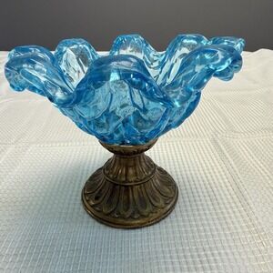 Vintage Blue Murano Style Glass Ruffled Candy Bowl Compote Decorative Base